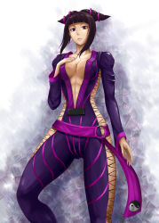 Rule 34 | 1girl, abs, black hair, bodysuit, breasts, capcom, cleavage, drill hair, han juri, large breasts, purple bodysuit, purple eyes, solo, street fighter, street fighter v, thighs, twin drills, twintails, unzipped