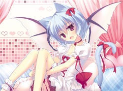 Rule 34 | 1girl, :d, animal ears, bad id, bad pixiv id, bat wings, blue hair, bow, breasts, cat ears, cat girl, cat tail, choker, cleavage, fang, female focus, hair bow, heart, kemonomimi mode, looking at viewer, motomiya mitsuki, no headwear, no headwear, open mouth, pillow, red eyes, remilia scarlet, ribbon, short hair, sitting, small breasts, smile, solo, tail, tail ornament, tail ribbon, touhou, wings, wrist cuffs