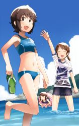 Rule 34 | 10s, 3girls, alternate costume, arm up, armpits, bare arms, bare legs, bare shoulders, barefoot, blouse, blue one-piece swimsuit, blue skirt, blue sky, breasts, brown eyes, brown hair, closed eyes, cloud, cloudy sky, collarbone, day, eyebrows, fubuki (kancolle), holding, innertube, kantai collection, lifebuoy, looking at viewer, low twintails, miyuki (kancolle), multiple girls, nature, navel, ocean, one-piece swimsuit, open mouth, outdoors, pleated skirt, sakura (medilore), sandals, school swimsuit, see-through, shirayuki (kancolle), shirt, short hair, short sleeves, short twintails, skirt, sky, small breasts, smile, standing, stomach, swim ring, swimsuit, twintails, twitter username, unworn sandals, wading, water, wet, wet clothes, wet skirt, white shirt