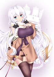 Rule 34 | 1girl, :d, absurdres, ahoge, alternate costume, arashiki mamizu, azur lane, bag, blue eyes, blush, breasts, brown coat, brown thighhighs, casual, chain, coat, coat dress, cosplay, cowboy shot, dot nose, dress, hair ornament, hair ribbon, hairclip, hand up, highres, holding, holding bag, illustrious (azur lane), large breasts, long hair, looking at viewer, mole, mole under eye, no bra, off shoulder, open mouth, purple sweater, purple vest, ribbed sweater, ribbon, scarf, sideboob, sidelocks, smile, solo, sparkle, standing, sweater, sweater dress, sweater vest, taut sweater vest, thighhighs, underbust, very long hair, vest, victorious (azur lane), victorious (azur lane) (cosplay), victorious (the goddess&#039; day off) (azur lane), walking, white hair, white scarf, zettai ryouiki