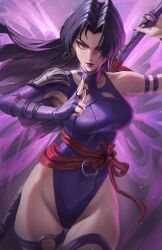 1girl athenawyrm bare_shoulders blue_leotard breasts elbow_gloves gloves highleg highleg_leotard holding holding_sword holding_weapon large_breasts leotard long_hair looking_at_viewer marvel marvel_rivals psylocke psylocke_(vengeance) purple_eyes purple_hair sash solo superhero_costume sword thighhighs weapon wings x-men