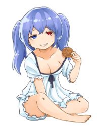 Rule 34 | 10s, 1girl, bad id, bad twitter id, bare legs, bloomers, blue eyes, blue hair, breasts, cleavage, collarbone, grin, heterochromia, indian style, long hair, looking at viewer, matching hair/eyes, md5 mismatch, mootor, pajamas, red eyes, short sleeves, simple background, sitting, smile, solo, tokyo ghoul, tokyo ghoul:re, twintails, underwear, white background, yonebayashi saiko