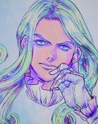 Rule 34 | 1boy, argyle, blue eyes, collar, curly hair, frilled collar, frills, funny valentine, gloves, green hair, hand on own face, jojo no kimyou na bouken, long hair, male focus, portrait, ruushii (lucy steel6969), solo, steel ball run, thinking