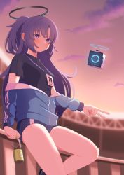 Rule 34 | 1girl, absurdres, arm support, ass, black hair, blue archive, blue eyes, blurry, buruma, cloud, cloudy sky, commentary request, depth of field, drone, gym shirt, hair between eyes, halo, highres, hizikata398, id card, jacket, long hair, long sleeves, looking at viewer, official alternate costume, parted bangs, ponytail, shirt, short sleeves, sidelocks, sitting on fence, sky, smile, solo, stadium, track jacket, twilight, v, yuuka (blue archive), yuuka (track) (blue archive)