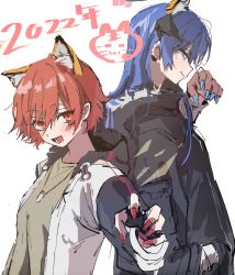 Rule 34 | 2022, 2girls, :d, animal ear fluff, animal ears, arknights, black coat, black sleeves, blue eyes, blue hair, blue nails, blush, brown shirt, chinese zodiac, claw pose, closed mouth, coat, commentary request, detached wings, earrings, exusiai (arknights), fang, fingernails, fur-trimmed coat, fur trim, halo, hand in pocket, highres, hood, hood down, horns, jacket, jewelry, kemonomimi mode, long fingernails, long hair, long sleeves, mostima (arknights), multiple girls, na tarapisu153, nail polish, necklace, new year, open clothes, open jacket, open mouth, profile, red nails, shirt, simple background, skin fang, smile, tiger ears, white background, white jacket, wings, year of the tiger