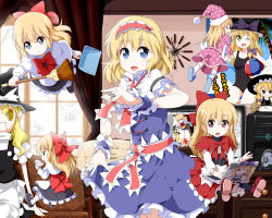 Rule 34 | 6+girls, :d, ;d, alice margatroid, alternate costume, ball, beachball, black one-piece swimsuit, blonde hair, blue eyes, bow, braid, broom, capelet, character doll, clock, computer, dress, dustpan, female focus, floating, hair bow, hair ribbon, hairband, hat, hat bow, holding, hourai doll, indoors, kirisame marisa, laptop, long hair, looking at viewer, monitor, multiple girls, one-piece swimsuit, one eye closed, open mouth, pajamas, poster (object), puppet rings, puppet strings, ribbon, rice, ring, ruu (tksymkw), shanghai doll, short hair, single braid, smile, string, swimsuit, touhou, window, wink, witch hat, wrist cuffs, yellow eyes