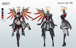 Rule 34 | 1girl, alternate costume, armor, asymmetrical legwear, blonde hair, blue eyes, bodysuit, boots, breasts, character name, closed mouth, color guide, contrapposto, crossed legs, faulds, from behind, from side, gauntlets, gradient background, gun, hair ornament, hair tie, halo, handgun, headgear, highres, holding, holding gun, holding weapon, legs apart, legs together, long sleeves, looking away, mechanical halo, mechanical wings, medium breasts, mercy (overwatch), multiple views, nose, overwatch, overwatch 1, pauldrons, pink lips, ponytail, red wings, shoulder armor, shoulder pads, single wing, skin tight, spread wings, standing, swiss flag, thigh boots, thigh strap, thighhighs, turnaround, turtleneck, uneven legwear, vikiye, watson cross, weapon, white footwear, wings