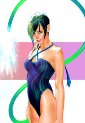 Rule 34 | 1girl, cable, casual one-piece swimsuit, cowboy shot, green eyes, hair over one eye, halterneck, lips, looking at viewer, one-piece swimsuit, original, smile, solo, standing, sun tattoo, swimsuit, tan, tan tattoo, tanline, tattoo, tricky agura, trickyagura