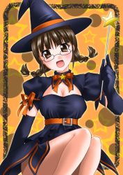 Rule 34 | 00s, 1girl, :d, akizuki ritsuko, belt, blush, braid, breasts, brown eyes, brown hair, cleavage, dress, elbow gloves, glasses, gloves, halloween, hat, idolmaster, idolmaster (classic), idolmaster 1, itsuki sayaka, legs together, looking at viewer, neck ribbon, open mouth, ribbon, short hair, smile, solo, star (symbol), twin braids, wand, witch, witch hat