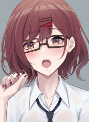 Rule 34 | 1girl, bespectacled, black necktie, blue eyes, blush, brown eyes, brown hair, collarbone, collared shirt, colored tips, commentary request, glasses, gradient eyes, grey background, hair between eyes, hair ornament, twirling hair, hairclip, hand up, highres, higuchi madoka, idolmaster, idolmaster shiny colors, looking at viewer, mole, mole under eye, multicolored eyes, multicolored hair, nail polish, necktie, open mouth, red nails, shirt, short hair, simple background, solo, teeth, upper body, upper teeth only, white shirt, yellow eyes, yuzuyu (hyui)