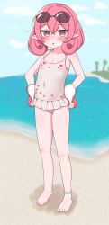 Rule 34 | 1girl, barefoot, beach, blush, breasts, casual one-piece swimsuit, cleavage, covered navel, curly hair, elf, artistic error, eyewear on head, feet, full body, hands on own hips, heartbee, highres, legs, mittens, neneka (princess connect!), ocean, one-piece swimsuit, open mouth, outdoors, pink eyes, pink hair, pointy ears, princess connect!, short hair, small breasts, solo, standing, sunglasses, swimsuit, thighs, toes, white mittens