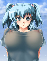 Rule 34 | 1girl, aqua eyes, aqua hair, arms behind back, blush, breasts, cloud, covered erect nipples, large breasts, light blush, looking at viewer, matching hair/eyes, mumumu (road), nipples, no bra, original, outdoors, see-through, shirt, short hair, sky, smile, solo, standing, twintails, upper body, wet, wet clothes, wet shirt