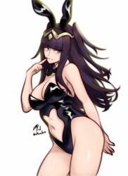 Rule 34 | 1girl, animal ears, black leotard, blunt bangs, breasts, circlet, clothing cutout, cowboy shot, detached collar, fake animal ears, fire emblem, fire emblem awakening, highres, leotard, long hair, looking at viewer, midriff, navel, navel cutout, nintendo, playboy bunny, purple eyes, rotomdocs, simple background, smile, solo, stomach cutout, strapless, strapless leotard, tharja (fire emblem), thighs, two side up, white background