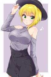 Rule 34 | 10s, 1girl, asymmetrical hair, blonde hair, blush, breasts, buttons, green eyes, hat, idolmaster, idolmaster cinderella girls, large breasts, long sleeves, miyamoto frederica, musical note, quaver, shirt, sidelocks, skirt, solo, striped clothes, striped shirt, trente