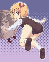 Rule 34 | 1girl, ass, blonde hair, embodiment of scarlet devil, female focus, full body, hair ribbon, halftone, halftone background, inaba tewi, kt, moon, outstretched arms, red eyes, reisen udongein inaba, ribbon, rumia, short hair, solo, spread arms, touhou