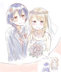 Rule 34 | 2girls, ayase alisa, bare shoulders, blonde hair, blue eyes, blue hair, blush, bouquet, braid, bridal veil, bride, commentary request, couple, dress, elbow gloves, flower, formal, gloves, hair between eyes, hair flower, hair ornament, head wreath, imagining, long hair, love live!, love live! school idol project, multiple girls, one-hour drawing challenge, shijimi kozou, simple background, smile, sonoda umi, strapless, strapless dress, suit, thought bubble, tuxedo, veil, wedding, wedding dress, white dress, white gloves, wife and wife, yuri
