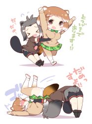 Rule 34 | !, !!, &gt; &lt;, 10s, 2girls, american beaver (kemono friends), animal ears, antenna hair, arms up, beaver ears, beaver tail, bike shorts, bikini, bikini top only, black-tailed prairie dog (kemono friends), blush stickers, bow, bowtie, commentary request, dog ears, dog tail, embarrassed, closed eyes, fur collar, german suplex, grey hair, hair ornament, hairclip, jacket, kemono friends, light brown hair, multicolored hair, multiple girls, open mouth, panties, pleated skirt, school uniform, short hair, shorts, simple background, skirt, suplex, swimsuit, tail, text focus, translation request, two-tone hair, underwear, watanon (gakushokutei), wavy mouth, white background, white panties