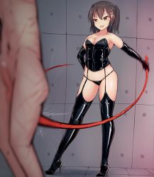 Rule 34 | 1boy, 1girl, bdsm, black leotard, bondage, bound, clothed female nude male, commentary request, commission, dungeon, elbow gloves, femdom, gloves, highres, indoors, kantai collection, katsuten, leotard, nude, sendai (kancolle), textless version, thighhighs