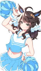 Rule 34 | 1girl, alternate costume, animal ears, arm up, armpits, bare shoulders, black hair, blue eyes, blue shirt, blue skirt, blush, breasts, cheerleader, cleavage, closed mouth, collarbone, commentary request, daring tact (umamusume), hair ornament, hairclip, hand on own hip, hero (10cl3), highres, holding, holding pom poms, horse ears, horse girl, long hair, looking at viewer, medium breasts, medium hair, midriff, multicolored hair, navel, pom pom (cheerleading), pom poms, shirt, simple background, skirt, sleeveless, sleeveless shirt, smile, solo, streaked hair, umamusume, white background, white hair, wristband
