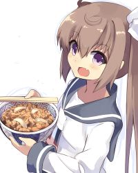 Rule 34 | 10s, 1girl, absurdres, blush, bowl, brown hair, chopsticks, fang, food, highres, kantai collection, looking at viewer, noodles, normaland, open mouth, purple eyes, school uniform, serafuku, solo, twintails