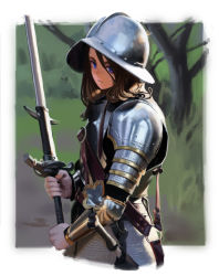 Rule 34 | 1girl, absurdres, armor, brown hair, closed mouth, commentary, couter, cowboy shot, english commentary, from side, glint, hair between eyes, helm, helmet, highres, holding, holding sword, holding weapon, jinbin825, looking at viewer, medium hair, original, outside border, purple eyes, serious, solo, standing, sunlight, sword, weapon