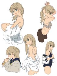 Rule 34 | 1girl, adjusting hair, arms between legs, arms up, bare shoulders, breasts, bright pupils, cropped legs, dress, eating, food, from behind, highres, holding, holding food, long hair, looking at viewer, looking back, m k, multiple views, off shoulder, one-piece swimsuit, open mouth, original, rika (m k), school uniform, shirt, simple background, small breasts, standing, swimsuit, twintails, tying hair, undressing, white background, white dress, white shirt