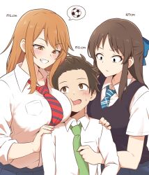Rule 34 | 1boy, 2girls, aged up, amogan, ball, black vest, blue skirt, blush, breast press, breast rest, breasts, breasts on head, brown hair, diagonal-striped clothes, diagonal-striped necktie, eye contact, forehead, grin, half updo, height, height difference, hetero, highres, idolmaster, idolmaster cinderella girls, idolmaster cinderella girls u149, jealous, large breasts, looking at another, multiple girls, necktie, orange hair, pleated skirt, producer (idolmaster), producer (idolmaster cinderella girls u149), school uniform, shirt, skirt, smile, soccer ball, spoken object, striped clothes, sweatdrop, tachibana arisu, tall female, upper body, v-shaped eyebrows, vest, white shirt, wide-eyed, yuuki haru