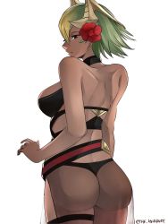 Rule 34 | 1girl, absurdres, ass, black one-piece swimsuit, breasts, dark-skinned female, dark skin, earrings, fire emblem, fire emblem heroes, flower, from behind, green hair, hair flower, hair ornament, highres, jewelry, laegjarn (fire emblem), large breasts, looking back, nintendo, one-piece swimsuit, parted lips, red eyes, sarong, see-through, short hair, sideboob, simple background, solo, swimsuit, thong, tommy (kingdukeee), twitter username, white background