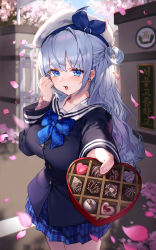 Rule 34 | 1girl, absurdres, blue bow, blue bowtie, blue eyes, blue jacket, blue skirt, blush, bow, bowtie, box, box of chocolates, braid, breasts, cherry blossoms, copyright request, highres, incoming food, incoming gift, jacket, kokko (kokko3045), large breasts, long hair, long sleeves, looking at viewer, one side up, open mouth, outdoors, petals, plaid, plaid bow, plaid bowtie, plaid skirt, pleated skirt, sailor collar, school uniform, serafuku, silver hair, skirt, solo, very long hair, white headwear, white sailor collar