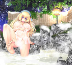 Rule 34 | 10s, 1girl, atago (kancolle), blonde hair, blue eyes, blush, breasts, censored, cleavage, convenient censoring, covered erect nipples, feet, female focus, groin, hat, huge breasts, kantai collection, leg lift, licking lips, long hair, looking at viewer, naked towel, navel, night, onsen, oreiro, outdoors, see-through, sitting, smile, snowing, soles, solo, toes, tongue, tongue out, towel, water
