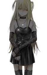 Rule 34 | absurdres, amane misa, black dress, black thighhighs, blonde hair, choker, cross, cross necklace, death note, dress, gloves, goth fashion, highres, jewelry, lace, lace gloves, lace thighhighs, long hair, necklace, nia (x x02), red eyes, thighhighs, two side up
