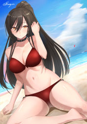 Rule 34 | 1girl, beach, bikini, black hair, blush, breasts, choker, cleavage, collarbone, day, earrings, hair between eyes, hand up, high ponytail, highres, idolmaster, idolmaster shiny colors, jewelry, large breasts, long hair, looking at viewer, necklace, outdoors, ponytail, red bikini, sand, shirase sakuya, shogun (a96040021), sitting, solo, swimsuit, yellow eyes