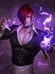 Rule 34 | 1boy, choker, crop top, cropped jacket, fire, hair over one eye, highres, looking at viewer, male focus, pectoral cleavage, pectorals, purple fire, pyrokinesis, red eyes, red hair, short hair, skirt, snk, solo, the king of fighters, xiaoguimist, yagami iori