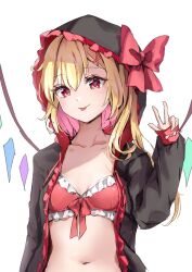 Rule 34 | 1girl, bikini, black jacket, blonde hair, blush, closed mouth, collarbone, crystal, flandre scarlet, hair between eyes, hair ornament, hood, hood up, hooded jacket, jacket, long hair, navel, one side up, open clothes, open jacket, red bikini, red eyes, shironeko yuuki, simple background, smile, solo, swimsuit, tongue, tongue out, touhou, upper body, v, w, white background, wings, x hair ornament