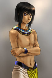 Rule 34 | 1boy, ancient egypt, artist request, black hair, blue eyes, cowboy shot, crossed arms, dark skin, egyptian, gradient background, grey background, lowres, male focus, original, solo, standing