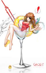 Rule 34 | !, 10s, adapted costume, alcohol, bident, blue eyes, brown hair, cocktail, cocktail glass, cup, drink, drinking glass, evangelion: 3.0 you can (not) redo, eyepatch, flip-flops, foot dangle, ghost, ghost (1213395573), hair ornament, in container, in cup, innertube, lance of longinus (evangelion), lipstick, long hair, makeup, neon genesis evangelion, one-piece swimsuit, oversized object, partially submerged, polearm, rebuild of evangelion, red lips, red one-piece swimsuit, reflection, sandals, shoes, single shoe, sitting, solo, souryuu asuka langley, splashing, spoken exclamation mark, swim ring, swimsuit, very long hair, water gun, white background