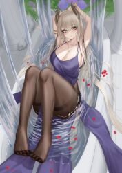 Rule 34 | 1girl, absurdres, armpits, arms up, bathtub, black pantyhose, blush, breasts, closed mouth, feet, grey hair, highres, horns, ichikushi mojibake, large breasts, long hair, looking at viewer, original, pantyhose, partially submerged, smile, solo, thighband pantyhose, thighs, toes, water