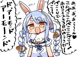 Rule 34 | 1girl, :d, almond, animal ear fluff, animal ears, black leotard, blue hair, blush stickers, bow, braid, brown eyes, commentary request, detached sleeves, don-chan (usada pekora), dress, food-themed hair ornament, hair bow, hair ornament, hololive, kanikama, leotard, long hair, looking at viewer, multicolored hair, open mouth, puffy short sleeves, puffy sleeves, rabbit-shaped pupils, rabbit ears, short sleeves, simple background, smile, strapless, strapless dress, strapless leotard, symbol-shaped pupils, translation request, twin braids, twintails, two-tone hair, upper body, usada pekora, usada pekora (1st costume), very long hair, virtual youtuber, white background, white bow, white dress, white hair, white sleeves