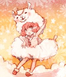 Rule 34 | 1girl, :o, animal costume, bad id, bad pixiv id, bandeau, blush, breasts, looking at viewer, mary janes, okome (ricecandy), open mouth, original, red hair, ribbon, sheep costume, sheep girl, shoes, shorts, small breasts, solo, standing, underboob