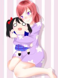 Rule 34 | 1girl, artist name, artist request, bare legs, barefoot, blush, character doll, doll, feet, female focus, full body, hair between eyes, highres, holding, holding doll, looking at viewer, love live!, love live! school idol festival, love live! school idol project, nishikino maki, pajamas, parted lips, purple eyes, purple pajamas, red hair, short hair, smile, solo, star (symbol), star print, striped, striped background, wtnbntk0913, yazawa nico