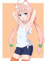 Rule 34 | 1girl, ahoge, animal ear fluff, animal ears, armpits, arms behind head, bike shorts, blue eyes, cat ears, contrapposto, cowboy shot, expressionless, flat chest, from side, hair bobbles, hair ornament, halterneck, hatomugi (oudon konekone), highres, hinata channel, jitome, legs apart, long hair, looking at viewer, low twintails, nekomiya hinata, no bra, open mouth, orange background, orange thighhighs, outside border, pink hair, sidelocks, simple background, solo, standing, tank top, thighhighs, twintails, virtual youtuber