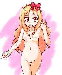 Rule 34 | 10s, 1girl, blonde hair, blush, bow, breasts, brown eyes, drill hair, embarrassed, eromanga sensei, female focus, hair bow, hair ornament, hand up, long hair, looking at viewer, medium breasts, navel, nipples, nude, open mouth, pussy, sidelocks, solo, standing, sujiko (tesselet), sweatdrop, twin drills, uncensored, yamada elf