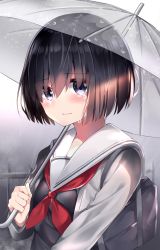 Rule 34 | 1girl, bag, black hair, black shirt, blush, cardigan, closed mouth, commentary request, crying, crying with eyes open, grey cardigan, hair between eyes, hand up, highres, holding, holding umbrella, long sleeves, looking at viewer, neckerchief, neku (neku draw), open cardigan, open clothes, original, outdoors, purple eyes, rain, red neckerchief, sailor collar, school bag, school uniform, serafuku, shirt, short hair, smile, solo, tears, transparent, transparent umbrella, umbrella, upper body, white sailor collar