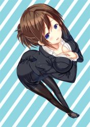 Rule 34 | 1girl, ass, blue eyes, breasts, brown hair, cleavage, foreshortening, formal, from above, hands on own chest, high heels, large breasts, leaning forward, mutou riu, original, pantyhose, ponytail, solo