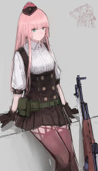 Rule 34 | 2girls, ammunition pouch, bayonet, belt, blouse, blue eyes, blunt bangs, buttons, collared shirt, earrings, garrison cap, girls&#039; frontline, gloves, goggles, gun, hat, highres, jewelry, long hair, looking at viewer, machine gun, multiple girls, open mouth, pink hair, pkp (girls&#039; frontline), pkp pecheneg, pouch, puffy sleeves, rampart1028, rifle, russian text, shirt, simonov (girls&#039; frontline), simple background, sitting, skirt, sks, smile, star (symbol), star earrings, thighhighs, weapon