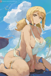 Rule 34 | 1girl, areola slip, bird, blonde hair, blue sky, breasts, bridal garter, brown eyes, choker, closed mouth, cloud, cutesexyrobutts, day, fairy tail, green choker, highres, large breasts, light smile, looking at viewer, lucy heartfilia, nipples, palm tree, patreon username, see-through, short hair, short twintails, sitting, sky, smile, solo, tree, twintails, wariza