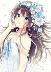 Rule 34 | 1girl, bare arms, bare shoulders, blue eyes, blue flower, blue nails, blue ribbon, blush, brown hair, closed mouth, collarbone, commentary request, dress, fingernails, flower, flower wreath, hair between eyes, hand up, head tilt, head wreath, highres, jewelry, long hair, looking at viewer, nail art, nail polish, original, pendant, ribbon, rose, sakura oriko, sleeveless, sleeveless dress, smile, solo, strap slip, upper body, very long hair, white background, white dress, white flower, white rose