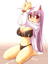 Rule 34 | 1girl, animal ears, barefoot, bdsm, bondage, bound, bound wrists, bra, breasts, rabbit ears, cleavage, cruelty to animals, cum, kurikara, large breasts, lingerie, long hair, open clothes, open shirt, panties, purple hair, red eyes, reisen udongein inaba, rope, seiza, shirt, sitting, solo, touhou, underwear