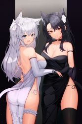 Rule 34 | 2girls, absurdres, animal ear fluff, animal ears, aoria, arched back, ass, back, bare shoulders, bikini, black choker, black dress, black hair, black legwear, breasts, cat ears, cat girl, cat tail, choker, cleavage, cocktail dress, cowboy shot, dress, from behind, hair ribbon, highres, holding hands, large breasts, bridal garter, long hair, looking at viewer, looking back, multiple girls, nero (shirone), one side up, open mouth, original, pelvic curtain, ribbon, shio (shirone), side-tie bikini bottom, side-tie peek, side slit, sidelocks, sleeveless, sleeveless dress, smile, smug, standing, string bikini, swimsuit, tail, thighhighs, thighs, white choker, white dress, white hair