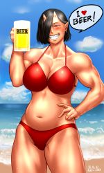 Rule 34 | 1girl, alcohol, beach, beer, beer mug, bikini, black hair, blush, breasts, cleavage, colored skin, commentary request, cup, day, drunk, earrings, elf-san wa yaserarenai., english text, fangs, grin, hair over one eye, hand on own hip, highres, horns, jewelry, large breasts, monster girl, mug, muscular, muscular female, navel, ocean, oga (elf-san wa yaserarenai.), ogre, oni, oni horns, pink skin, pointy ears, red bikini, red eyes, short hair, smile, solo, speech bubble, standing, stomach, swimsuit, taikyokuturugi, thick thighs, thighs